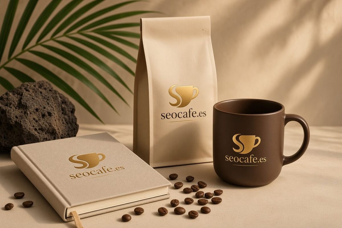 seocafe.es brand mockup - coffee, notebook, packaging